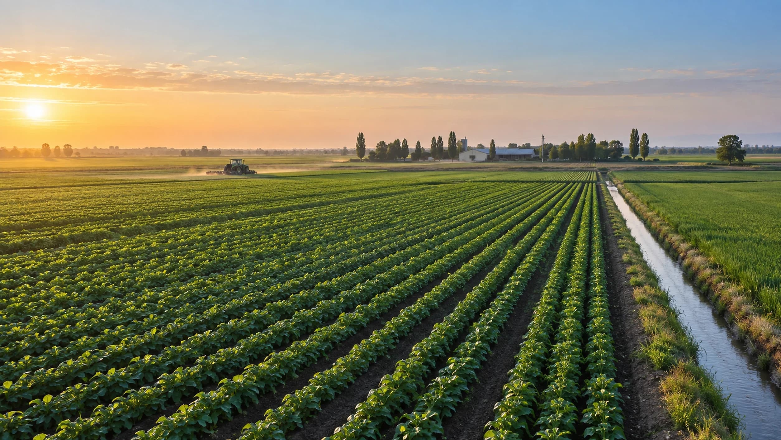 Rows of green crops stretching to the horizon beside an irrigation channel at sunrise, with a tractor working in the distance