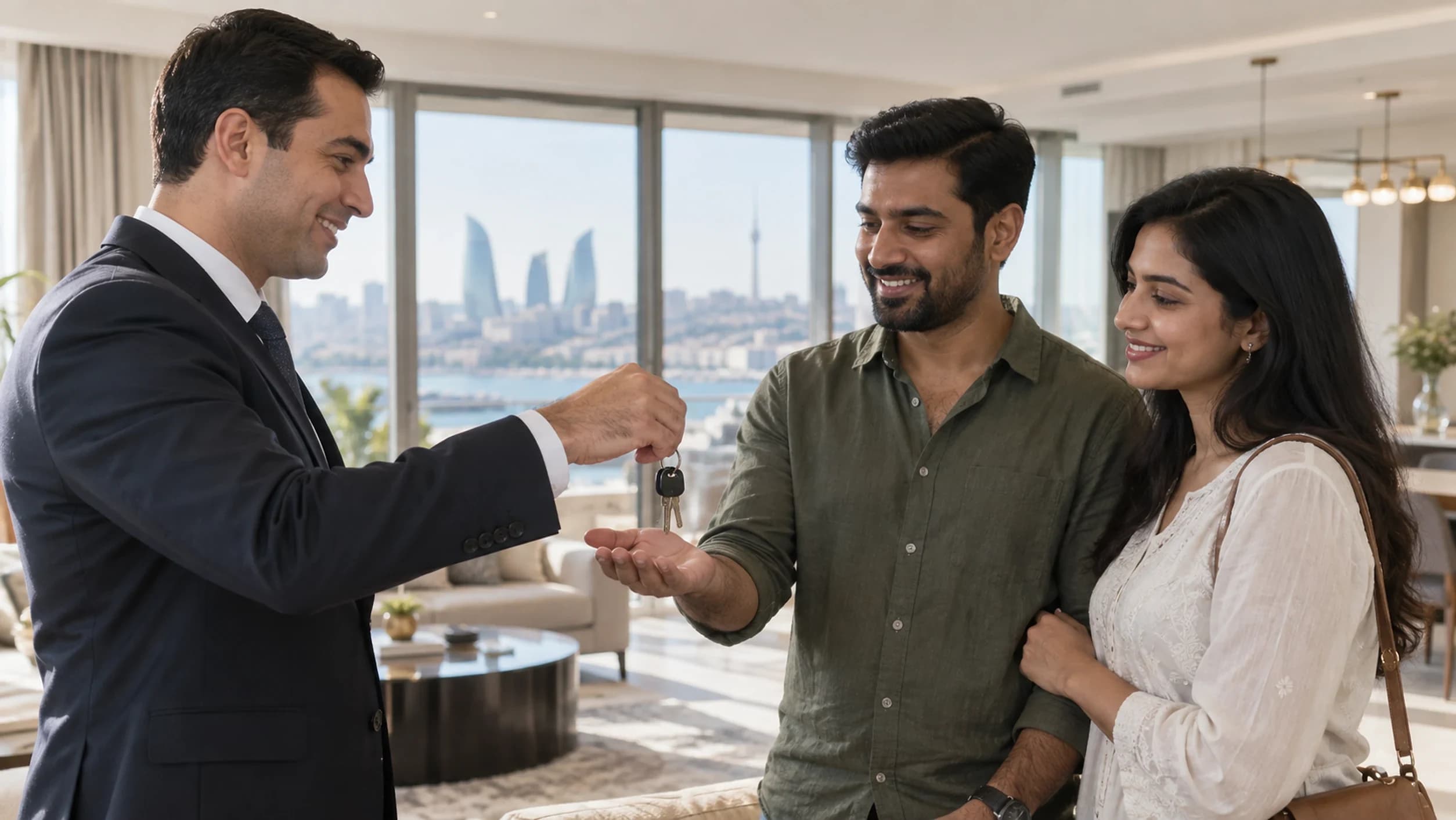 A man in a suit handing keys to a smiling couple in an apartment with Baku bay through the window