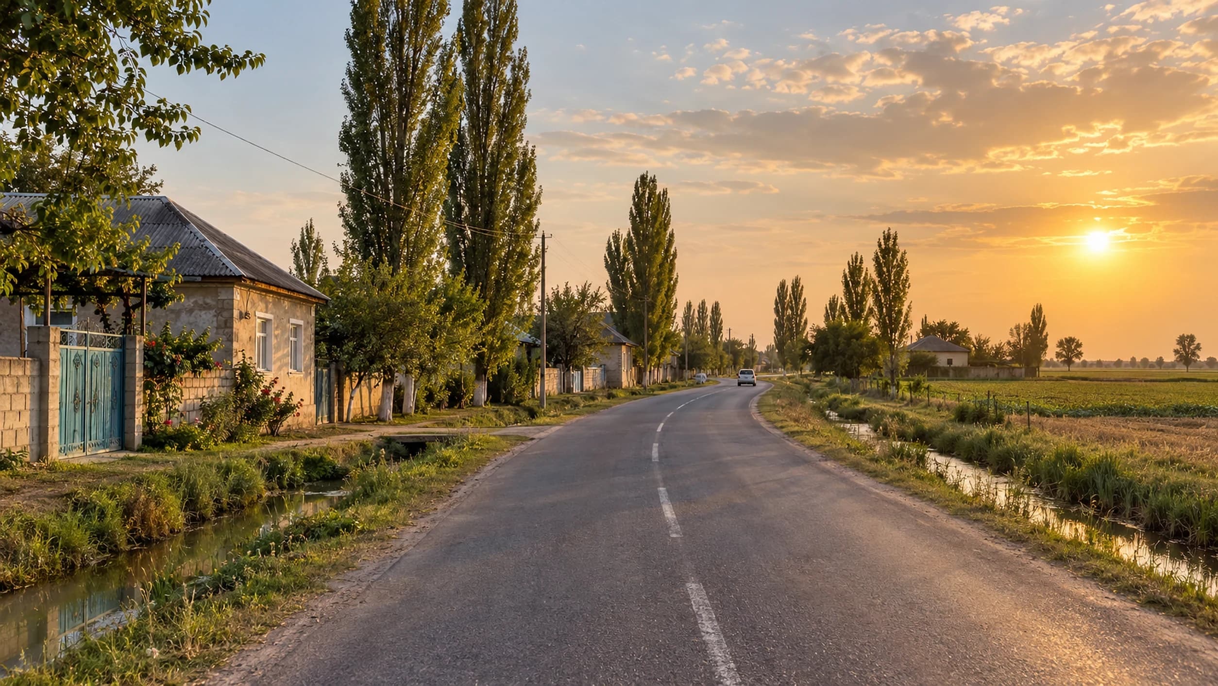 A quiet road running through flat farmland past a village house and poplar trees at sunset