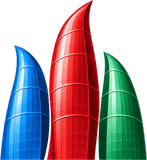 Karobar Gateways logo mark: the Flame Towers of Baku in the blue, red and green of the Azerbaijan flag