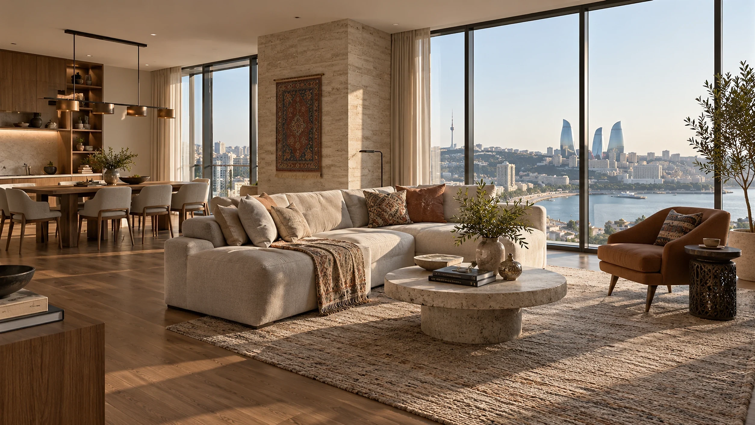 An open plan living room with a corner sofa and floor to ceiling windows looking out over Baku bay