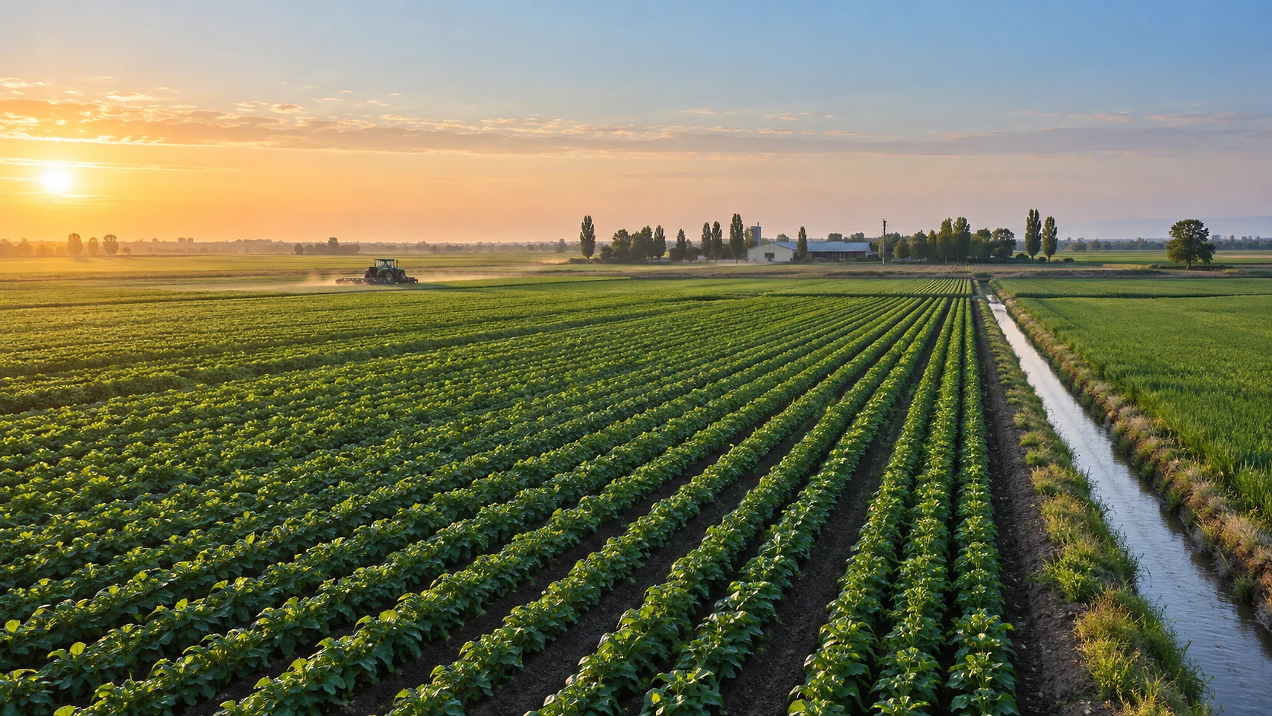 Rows of green crops stretching to the horizon beside an irrigation channel at sunrise, with a tractor working in the distance