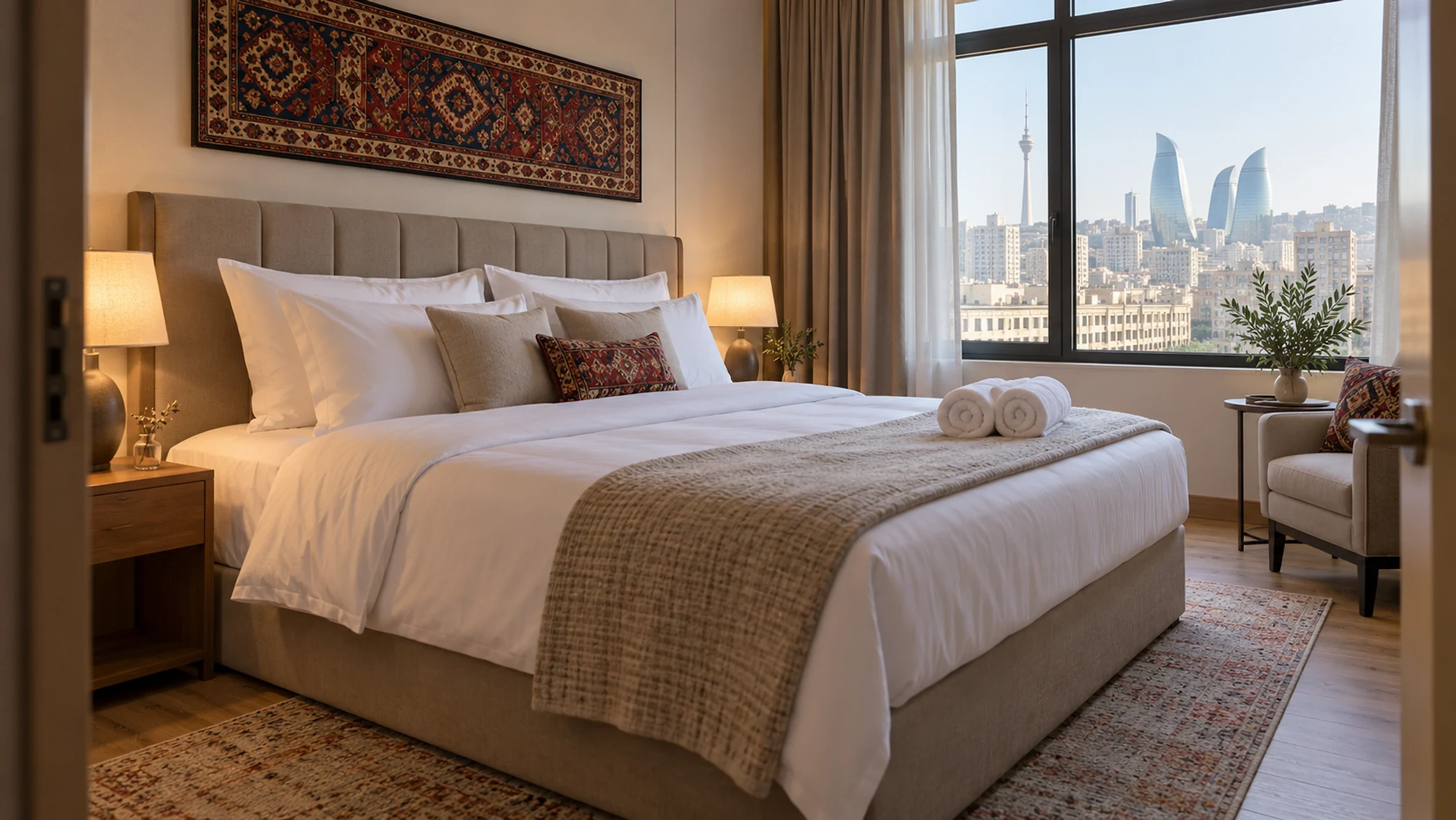 A made-up double bed with folded towels in a bedroom with a patterned wall hanging and a view of Baku