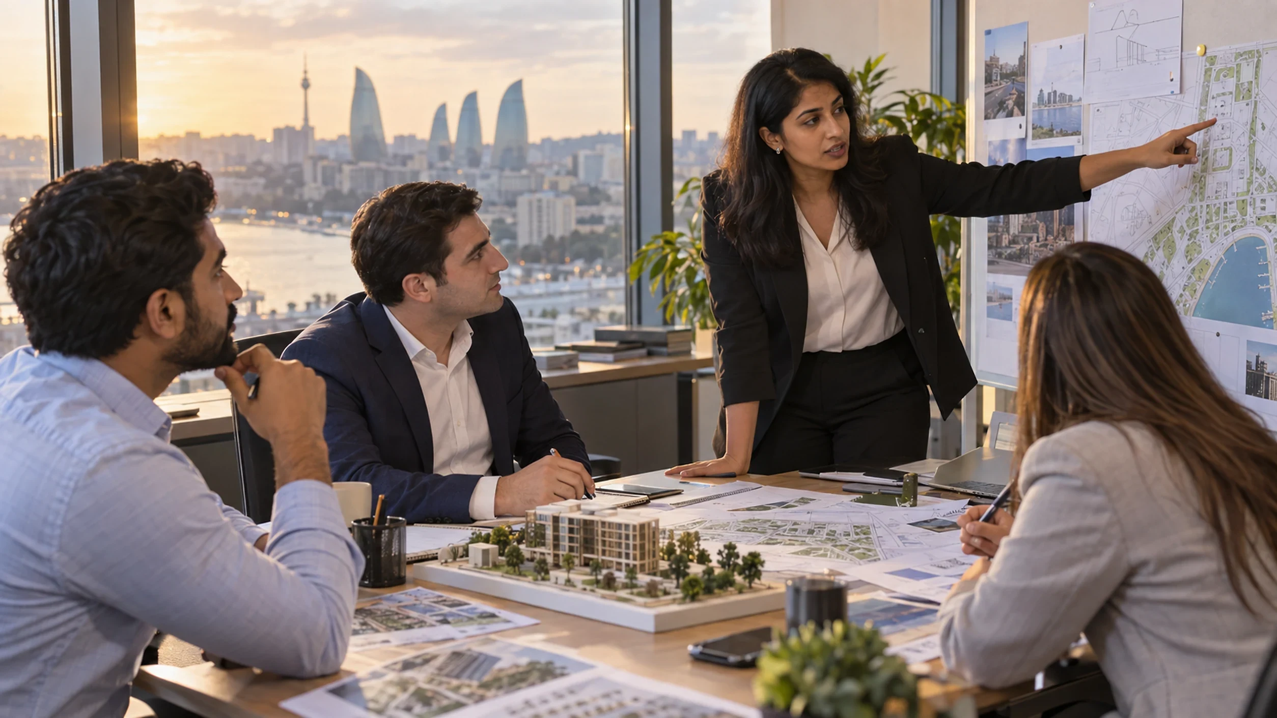 A team around a table with a site model and drawings while a colleague points at plans pinned on a board