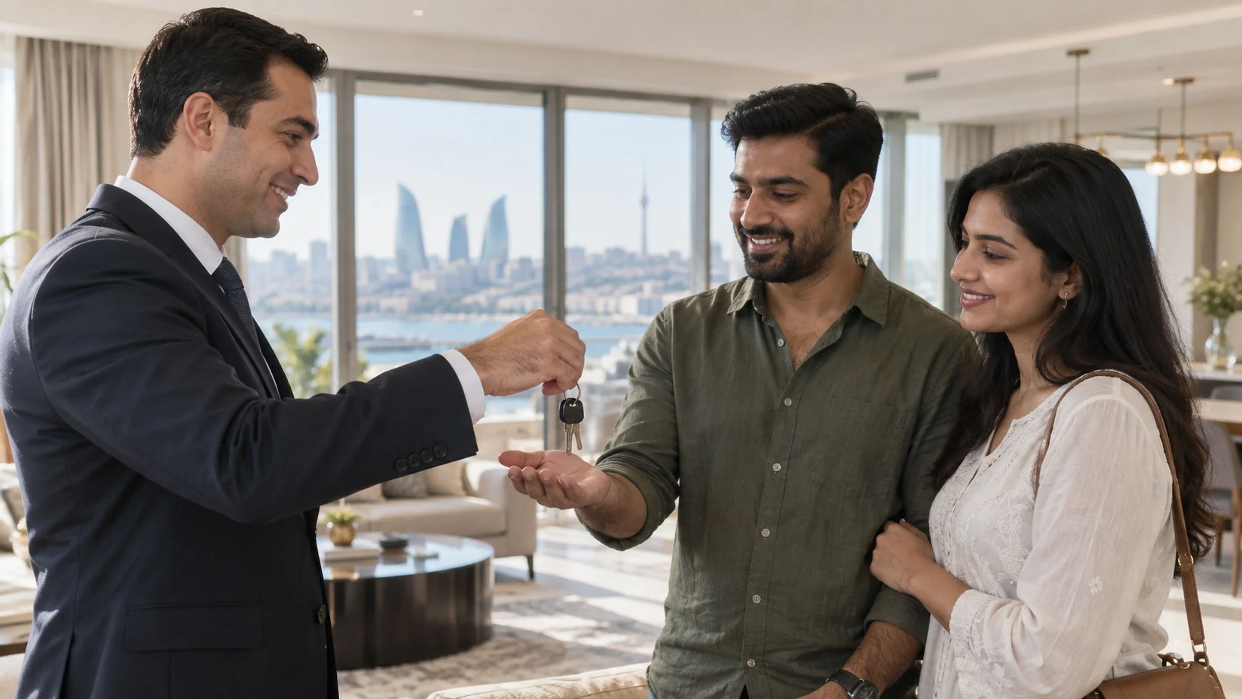 A man in a suit handing keys to a smiling couple in an apartment with Baku bay through the window