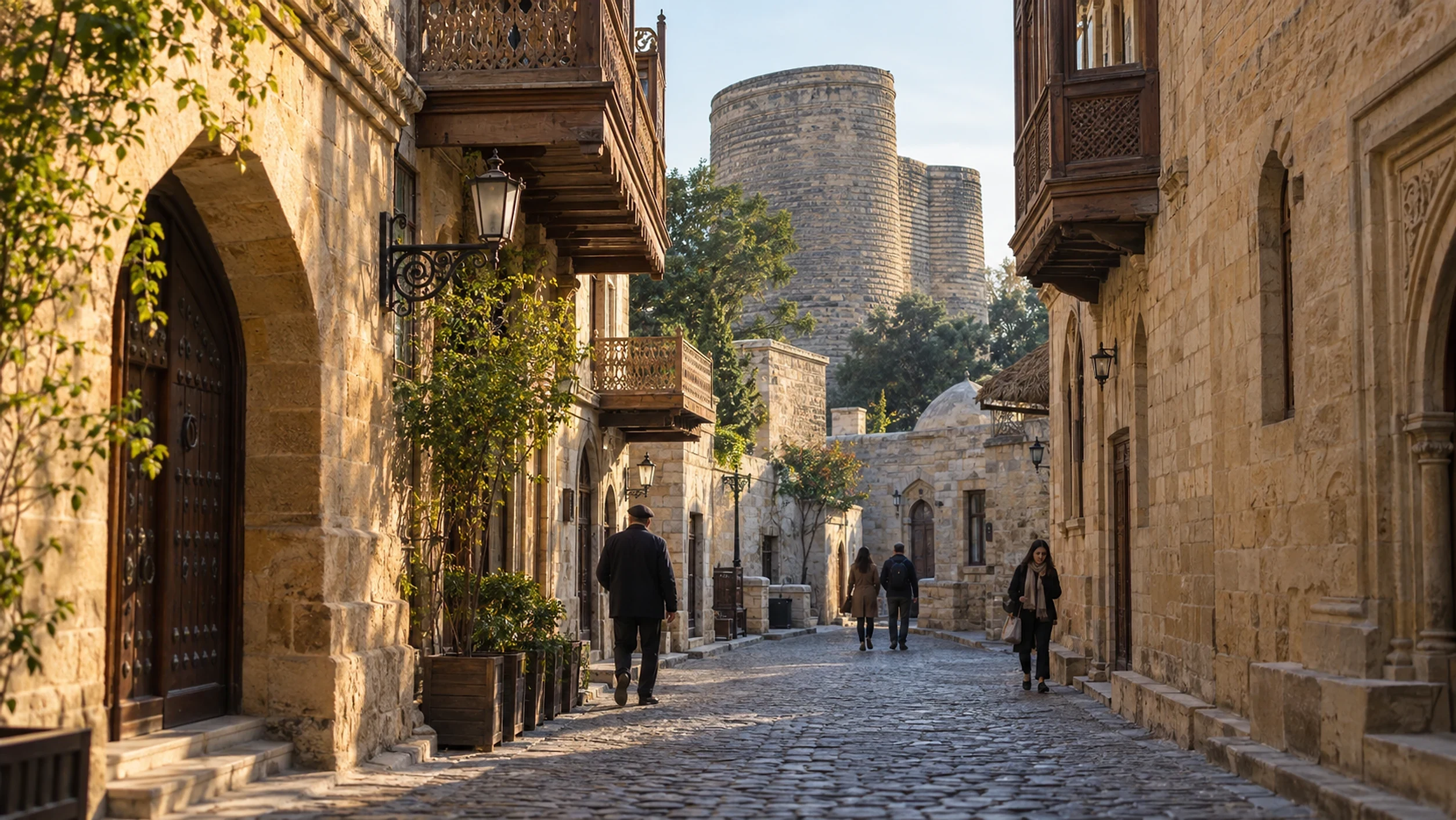 Icherisheher, the old city of Baku, Baku, Azerbaijan | Karobar Gateways A cobbled street in the walled old city of Baku with stone houses, carved balconies and the Maiden Tower behind