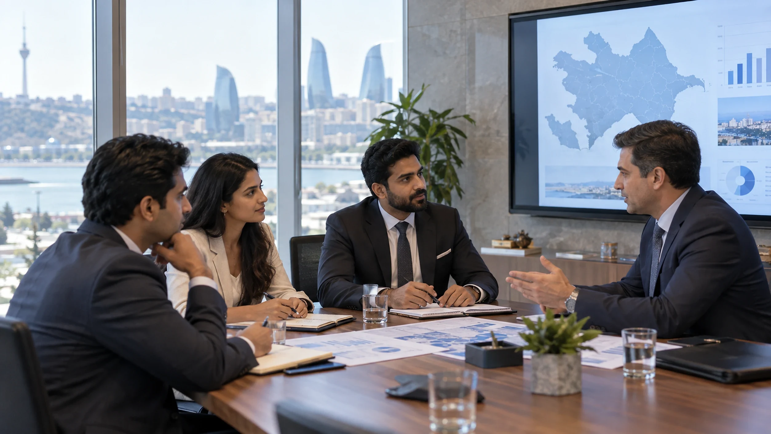 Company registration and business setup support, Baku, Azerbaijan | Karobar Gateways Four people in business clothes around a meeting table with a map of Azerbaijan on the screen behind them and Baku through the window