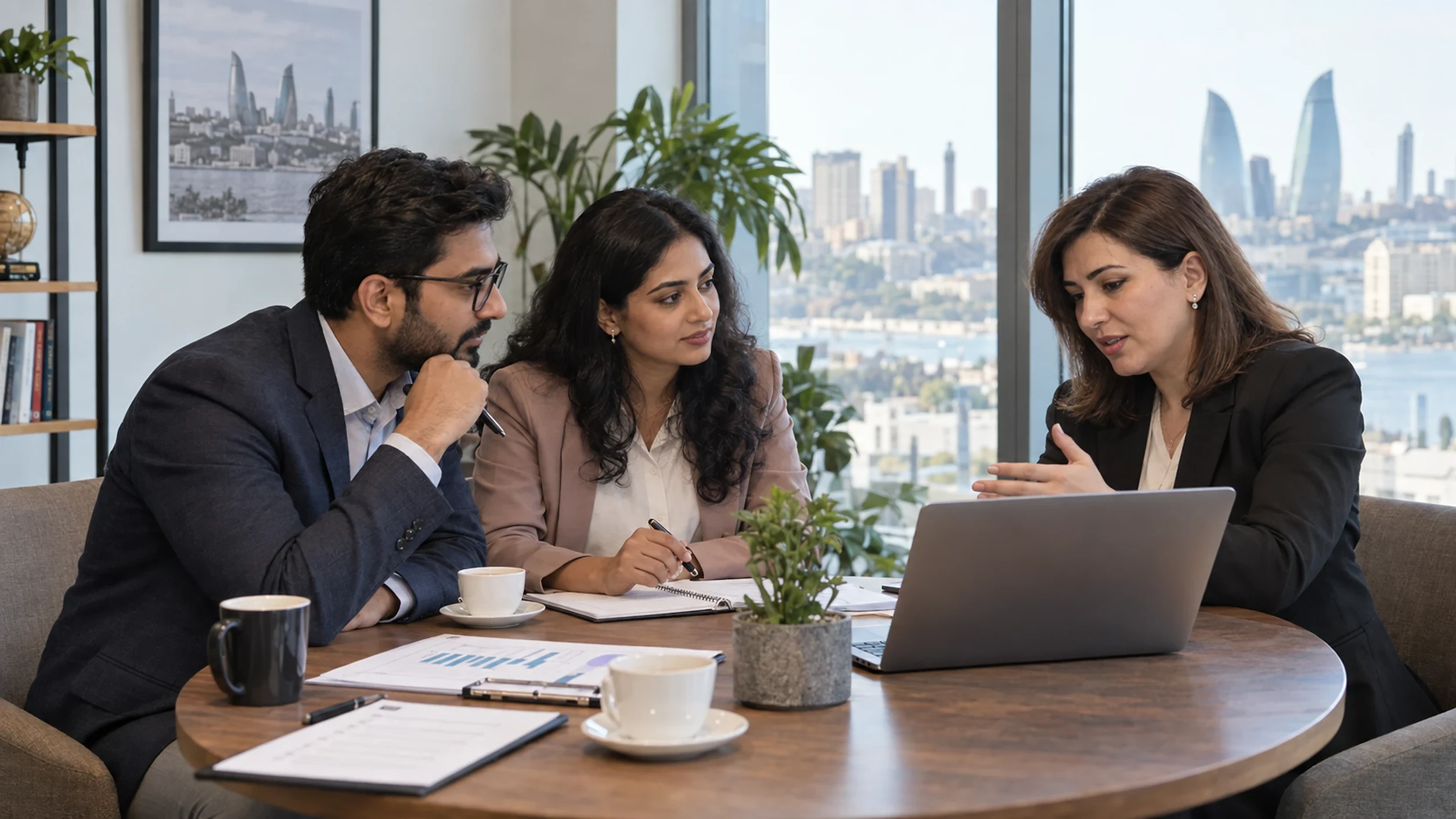 Business consultancy for foreign investors, Baku, Azerbaijan | Karobar Gateways Three colleagues talking over a laptop and notes at a round table in an office overlooking Baku