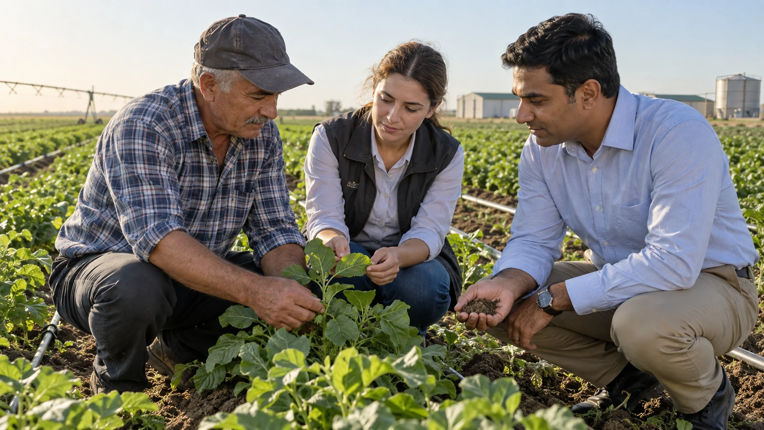 Inspecting crops with the farming team, Azerbaijan | Karobar Gateways Three people crouching in a crop field, examining plant leaves and a handful of soil together