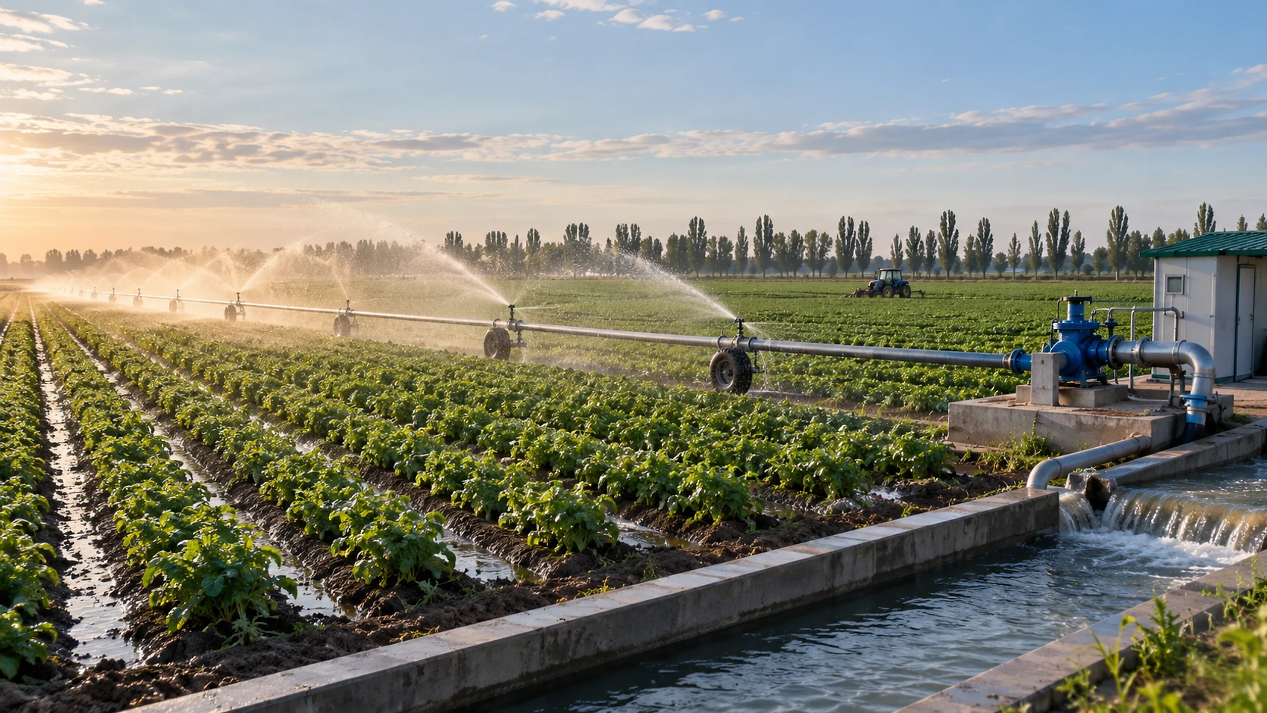 Irrigation on a crop field, Azerbaijan | Karobar Gateways Sprinklers watering rows of crops from a pipeline beside a concrete irrigation channel