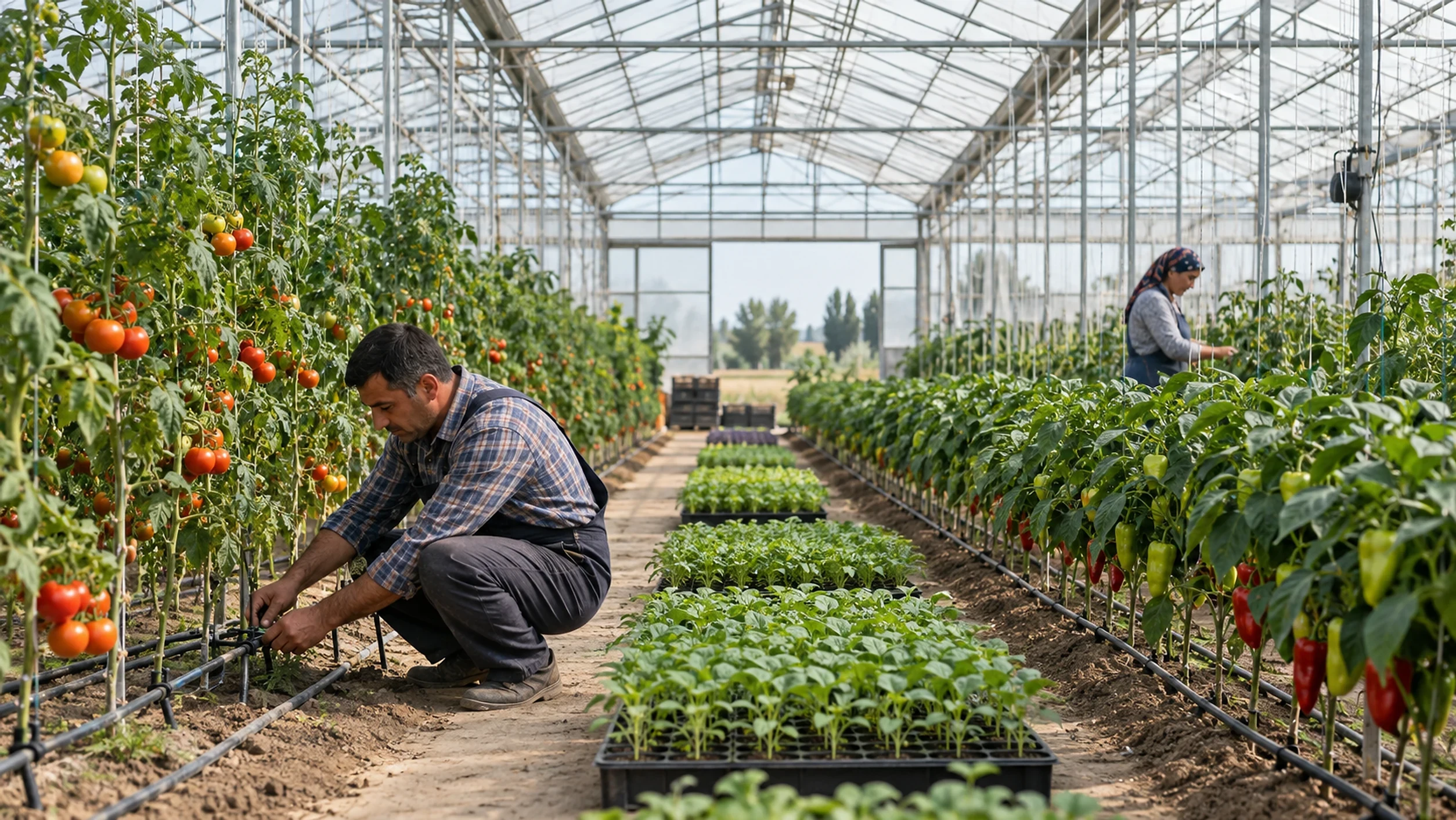 Growing under cover on a farm project, Azerbaijan | Karobar Gateways Workers tending rows of tomato and pepper plants and seedling trays inside a long greenhouse