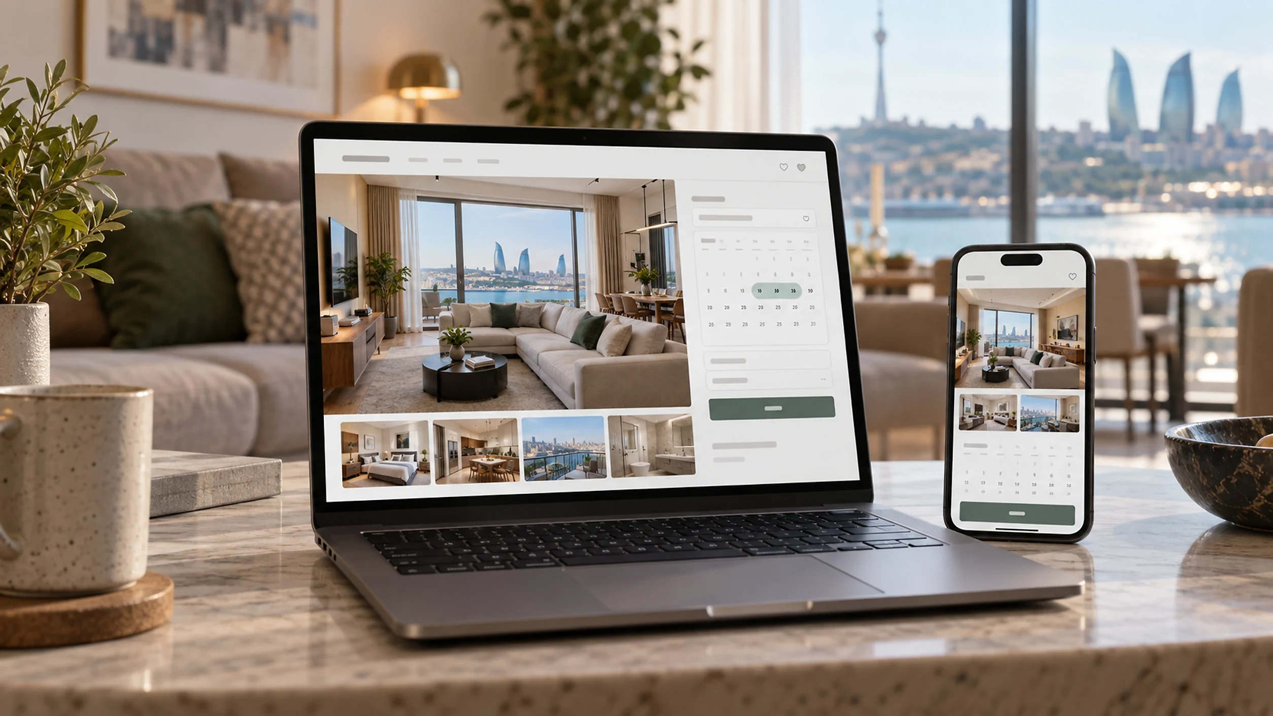 Short-stay listing setup and pricing, Baku, Azerbaijan | Karobar Gateways A laptop and phone on a kitchen counter showing a rental listing with room photographs and an availability calendar